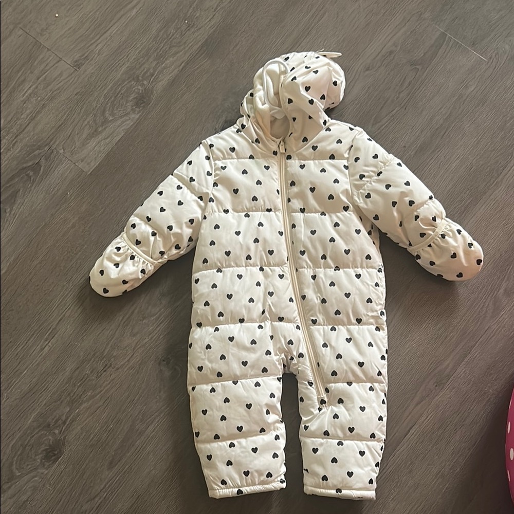 Cream Heart Print Puffer Snowsuit